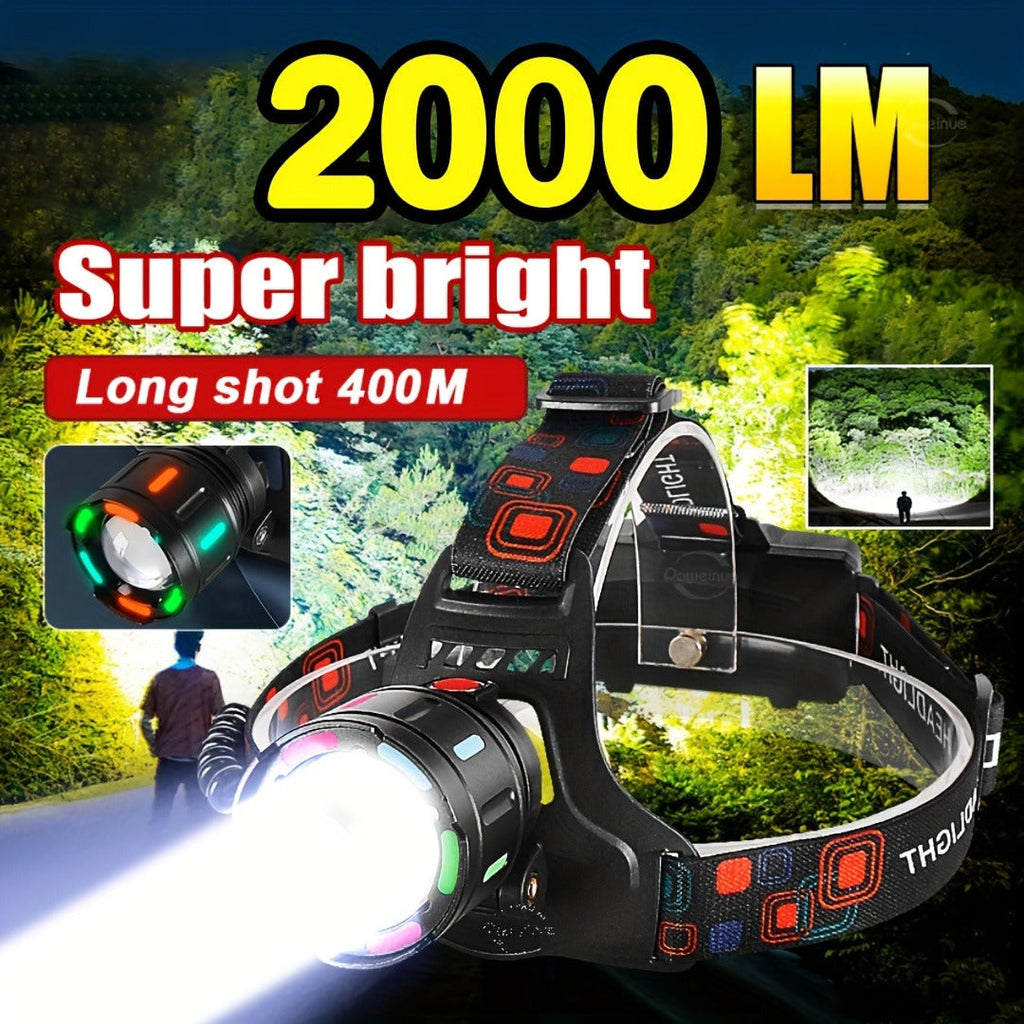 Zoomable LED Headlamp Rechargeable – Adjustable Focal Length, 90° Tilt, Warning Taillight, 4 Modes, Durable Head Torch for Camping, Hiking, Repair Work & Emergency Use