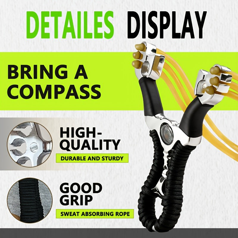 Alloy High-Velocity Slingshot Set for Hunting – Professional Catapult with Slingshot Bag, 100 Mud Beads & 2 Rubber Bands | Outdoor Target Practice & Small Game Hunting Slingshot Kit with Compass Accent