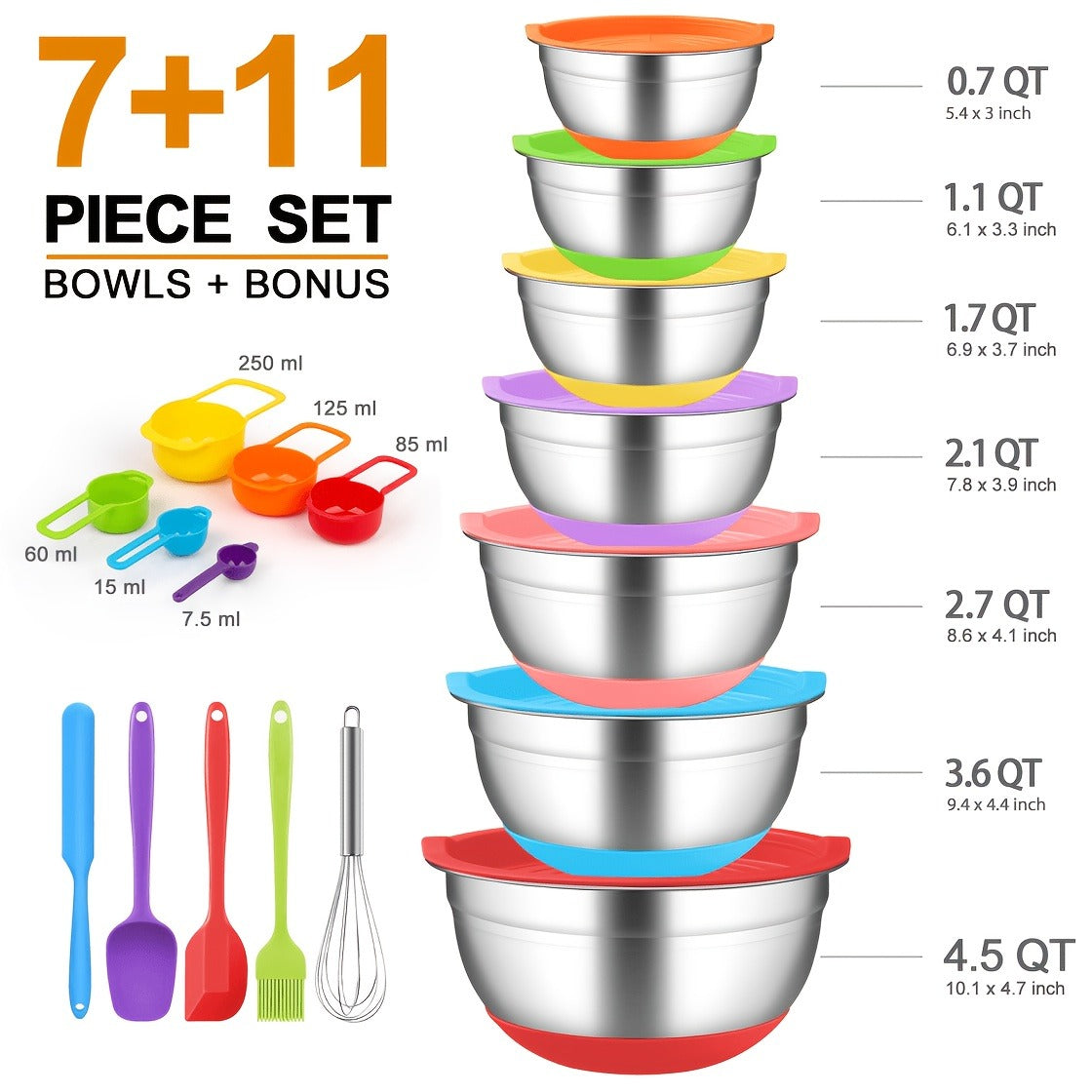 Stainless Steel Mixing Bowls Set with Airtight Lids 7 Piece, Stackable Nesting Bowls with Measuring Spoons Whisk Spatula Tongs Basting Brush, Dishwasher Safe Kitchen Bowls for Cooking Baking Camping Travel
