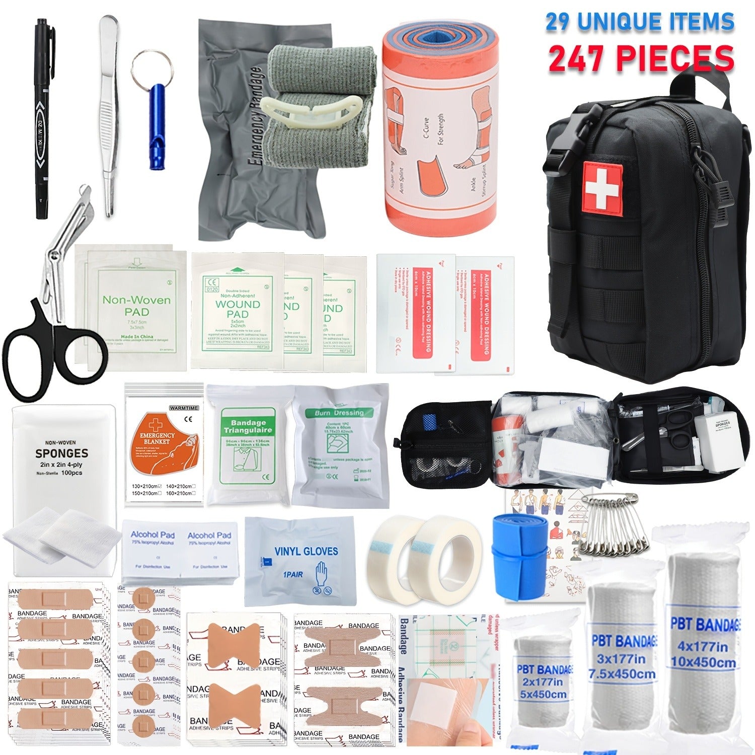 247pcs IFAK Trauma First Aid Kit with CAT Tourniquet and MOLLE Medical Backpack, Fully Stocked Bleeding Control Wound Care Splinting Airway Management Kit for EMT Military Camping Travel Home FSA HSA