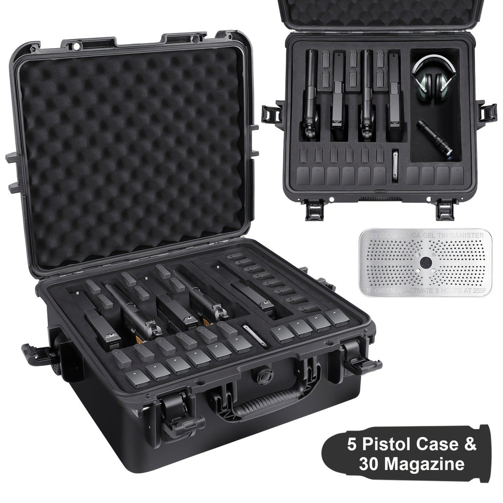 Hard Pistol Case Holds 5 Handguns & 30 Magazines - Lockable Travel Gun Case with Pre-Cut Foam, Silica Gel Canister, ABS Hard Shell, Multiple Pistol Storage Box for Handguns Under 11 Inches