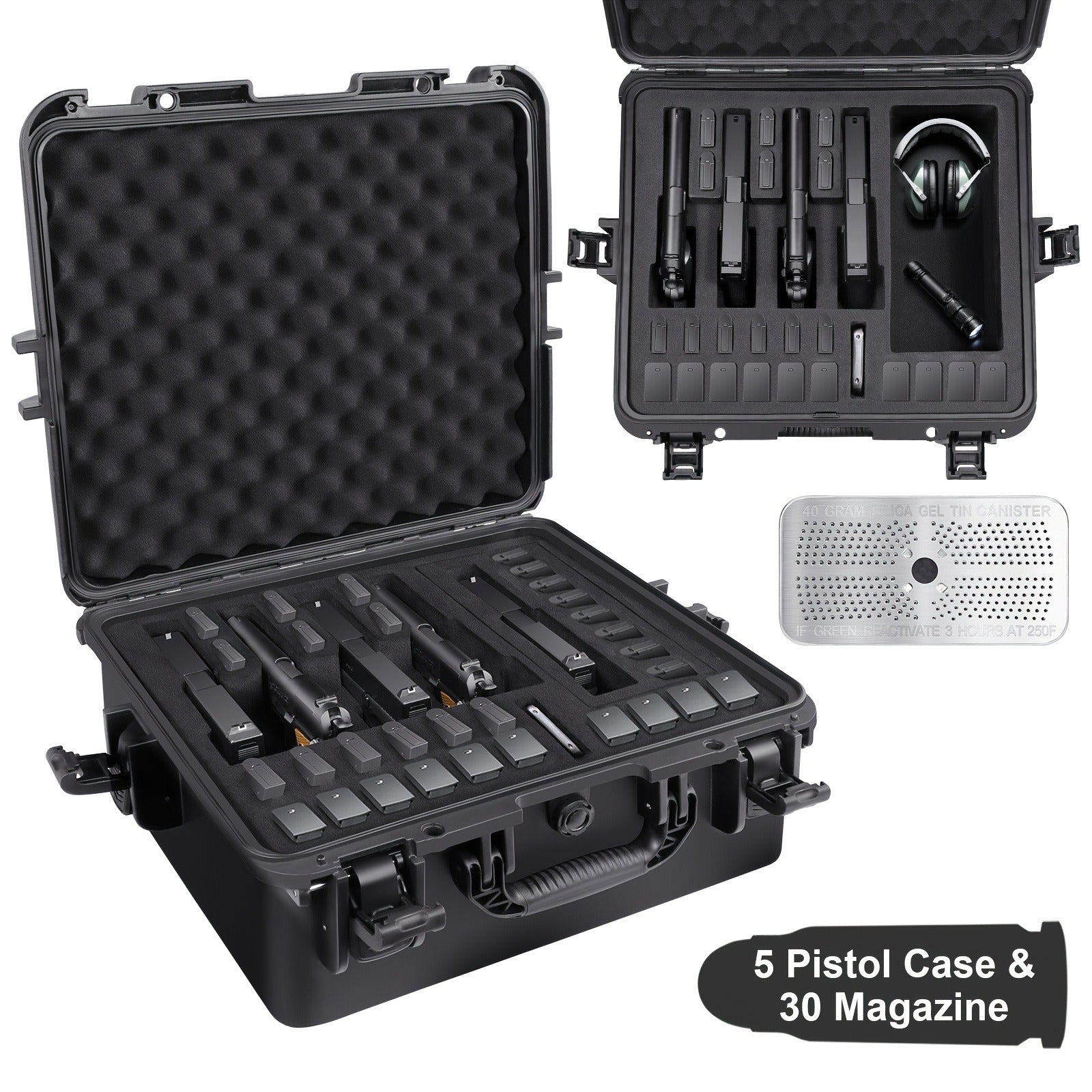 Hard Pistol Case Holds 5 Handguns & 30 Magazines - Lockable Travel Gun Case with Pre-Cut Foam, Silica Gel Canister, ABS Hard Shell, Multiple Pistol Storage Box for Handguns Under 11 Inches