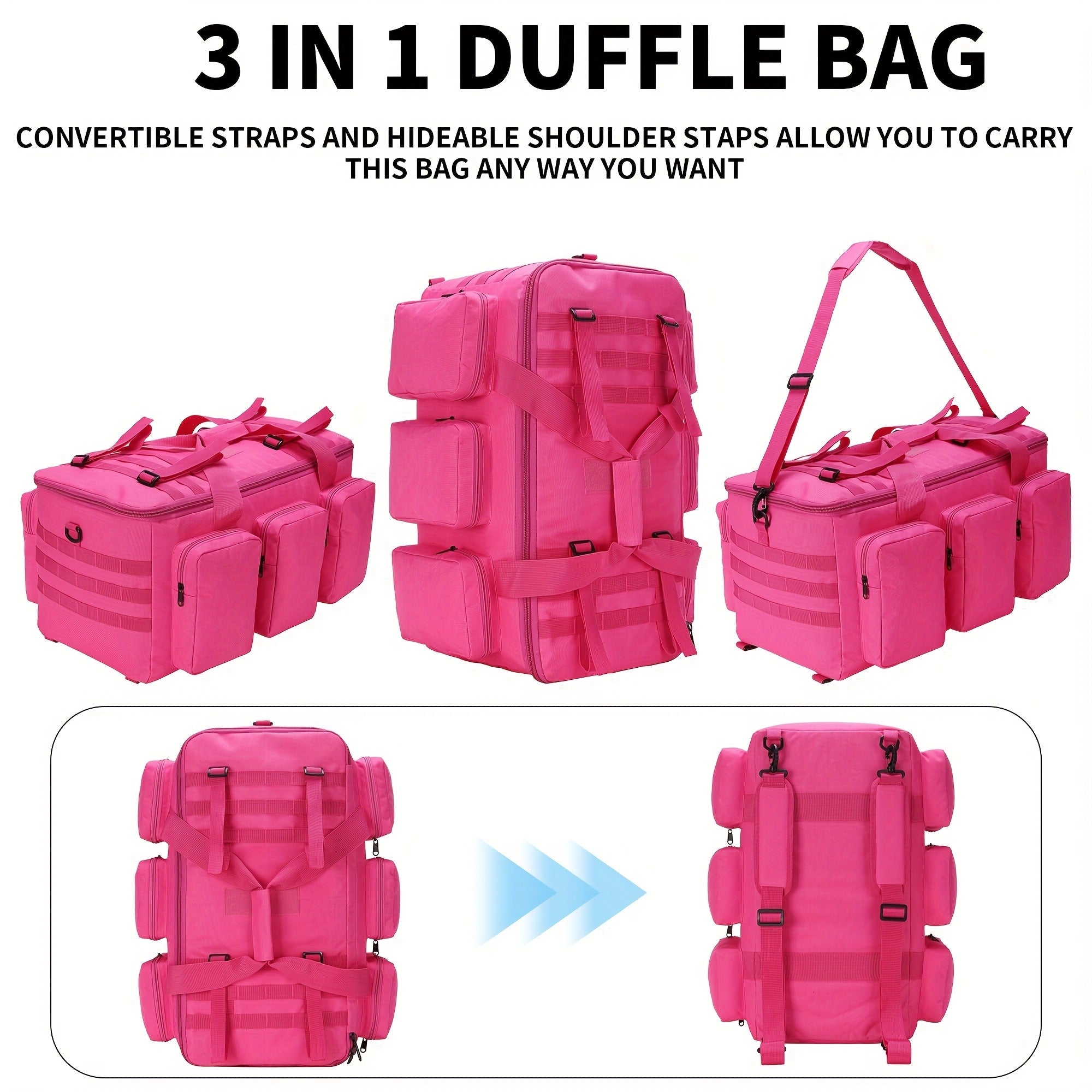 Convertible Travel Duffel Bag 3-in-1 Rose Red 50L – Weekender Backpack & Gym Bag for Men & Women, Sports, Camping & Daily Use, Large Capacity Carry-On with Multiple Carry Modes