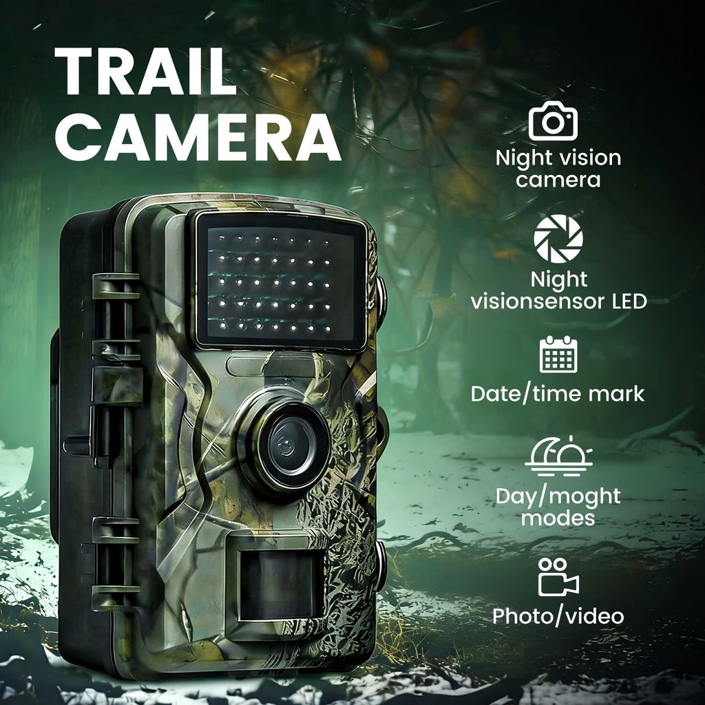 Trail Camera 1080P FHD – 0.8s Trigger, Camouflage Hunting Camera with Night Vision, 32GB SD Card Compatible | KLZO Wildlife Cam