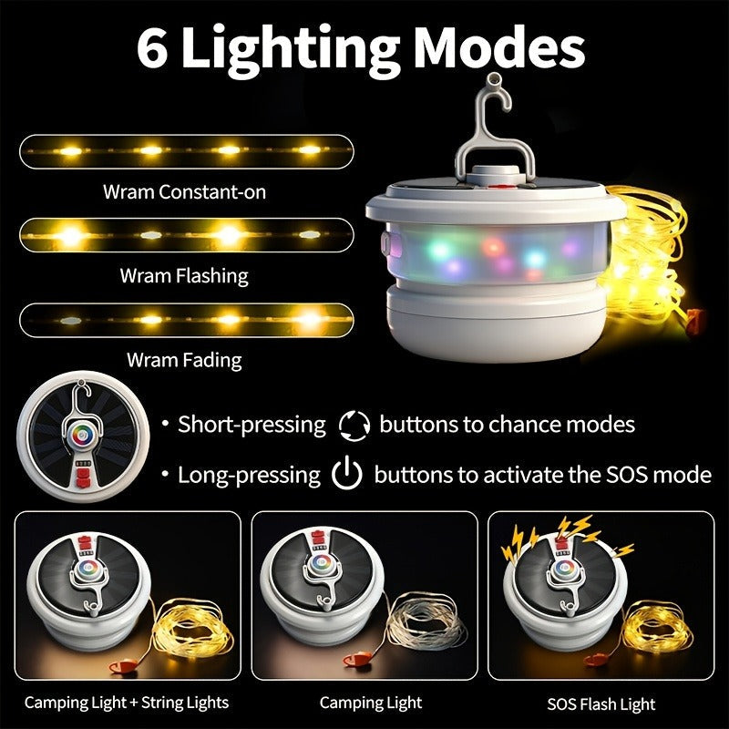 Solar Camping Lantern with Retractable String Lights – 2-in-1 LED Tent Light, 6 Modes, USB-C & Solar Rechargeable, Hand Crank, 10M String Lights, Portable Outdoor Camping Light for Camping, Patio & Emergency