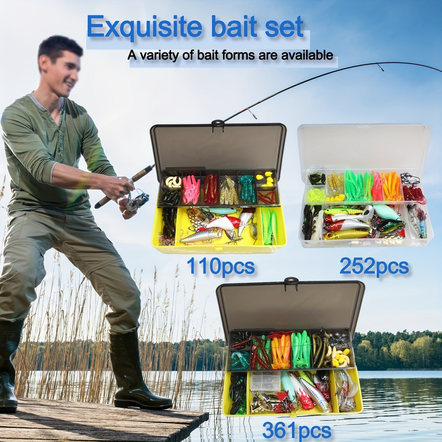 Fishing Lures Kit with Tackle Box – Mixed Plastic & Metal Baits, Hooks, Swivels & Jig Hooks (110/252/361pcs)