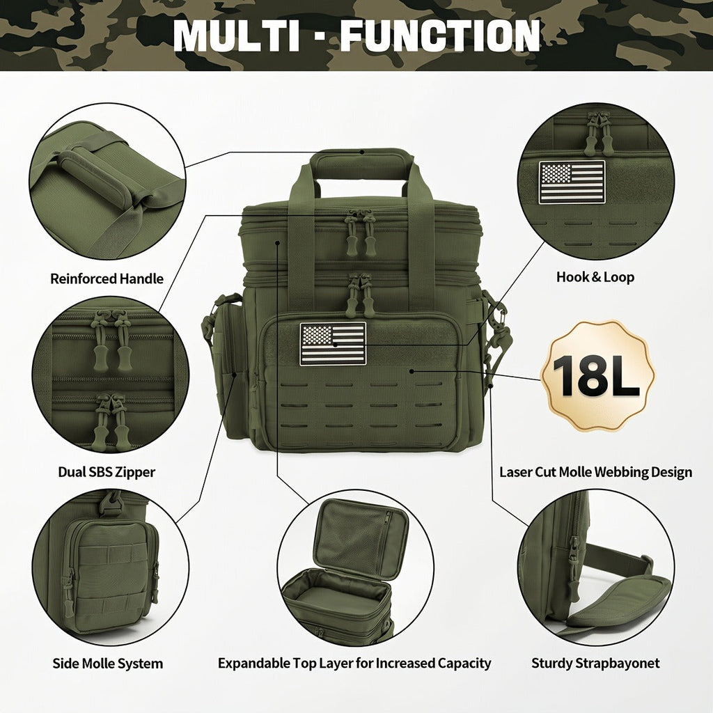 Tactical Insulated Cooler Lunch Box with MOLLE Webbing – Expandable & Leakproof, 3.7 Gal or 18L, for Hunting, Camping, Work & Outdoor Picnics – Black, Green or Khaki