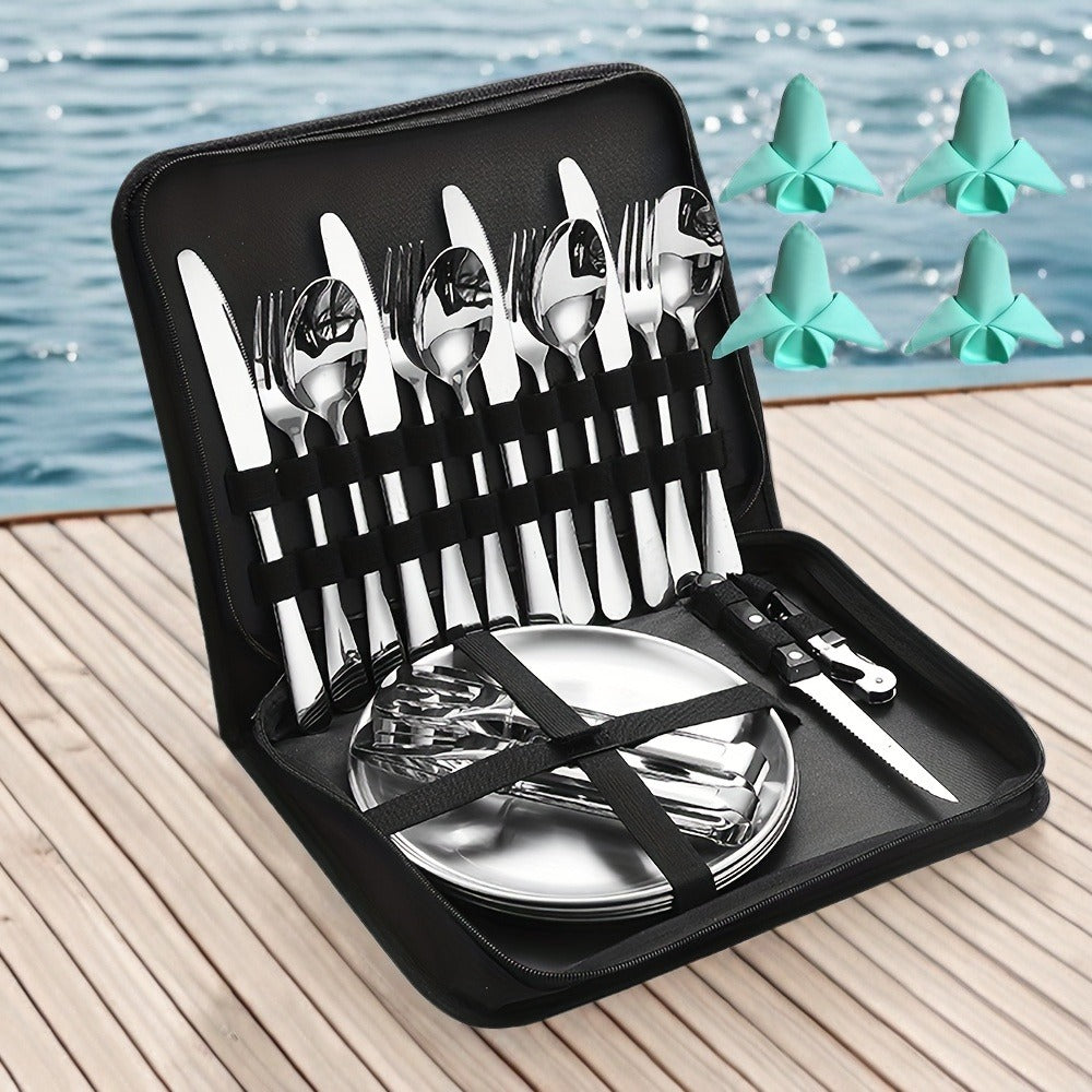 Camping Mess Kit 24pcs Stainless Steel Cutlery Set for 4 – Plates, Spoons, Forks, Serrated Knives & Cloth Napkins – Portable Dinnerware for Backpacking, Hiking & Picnic