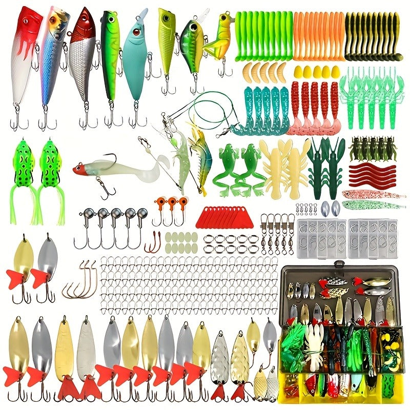Fishing Lure Kit Tackle Set with Tackle Box – Minnow Baits, Spoon Lures, Soft Worm Baits, Frog Soft Bait, Jig Heads & Rigs – 110pcs / 252pcs / 361pcs Mixed Color Assortment for Bass Trout Pike