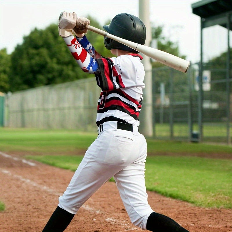 Patriotic Baseball Arm Sleeves 2 Pairs – American Flag Star Design Compression Sports Elbow Covers, Anti-Slip UV Protection for Men Women, Ideal for Games Parties Outdoor Events