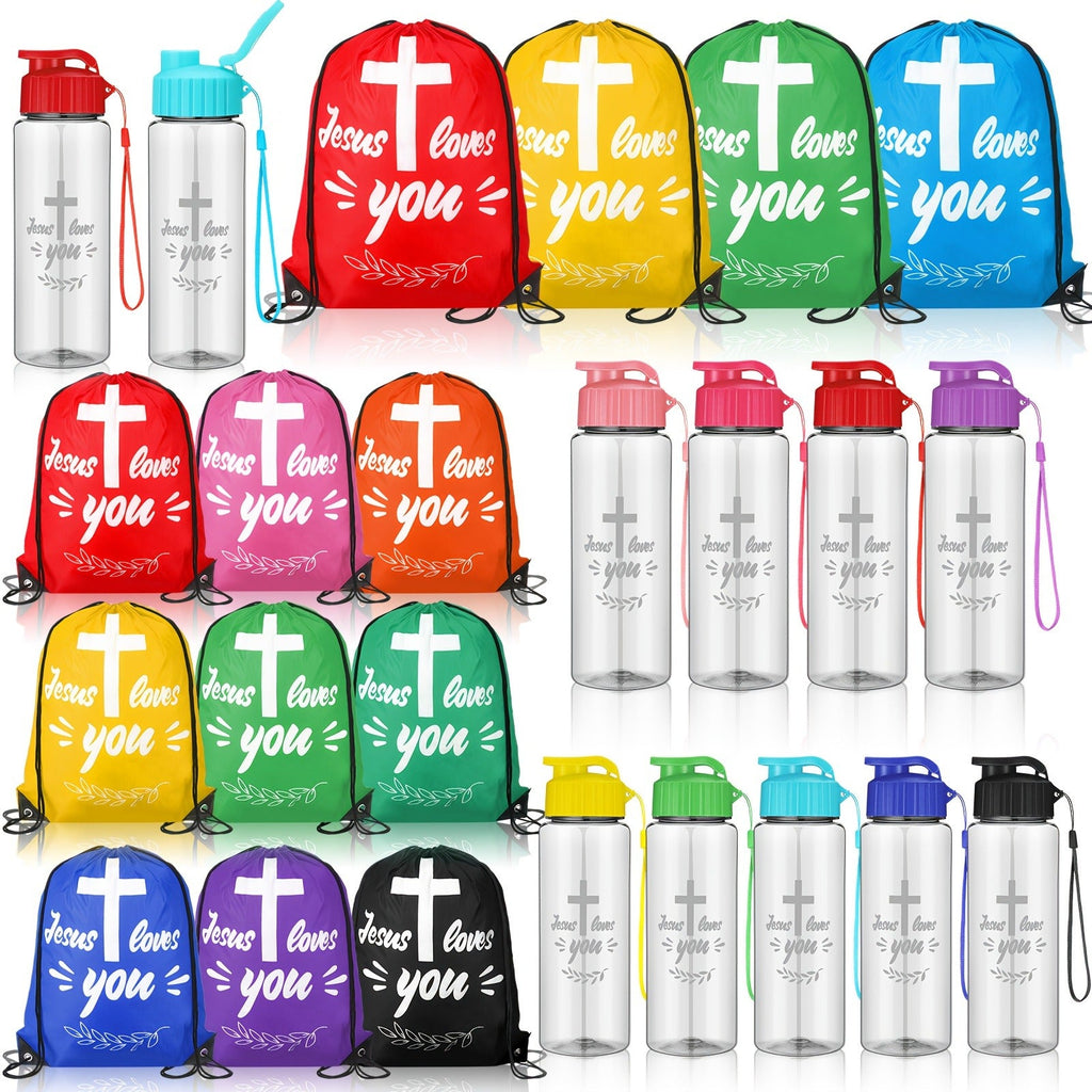 Christian Party Gifts Bulk Set 20pcs – 10 Drawstring Backpacks & 10 Sport Bottles with Bible Verses, God Loves You Church Event Favors for Kids, Vacation Bible School, Sunday School & Religious Celebrations