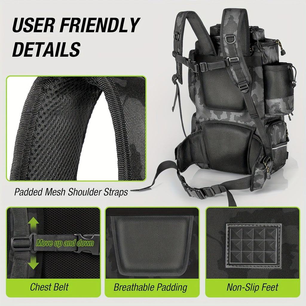 Large Fishing Tackle Bag with 4 Tackle Boxes – 43L Backpack with Rod Holder, Detachable Waist Pack & Gear Storage for Men Women | Black, Khaki & Camo