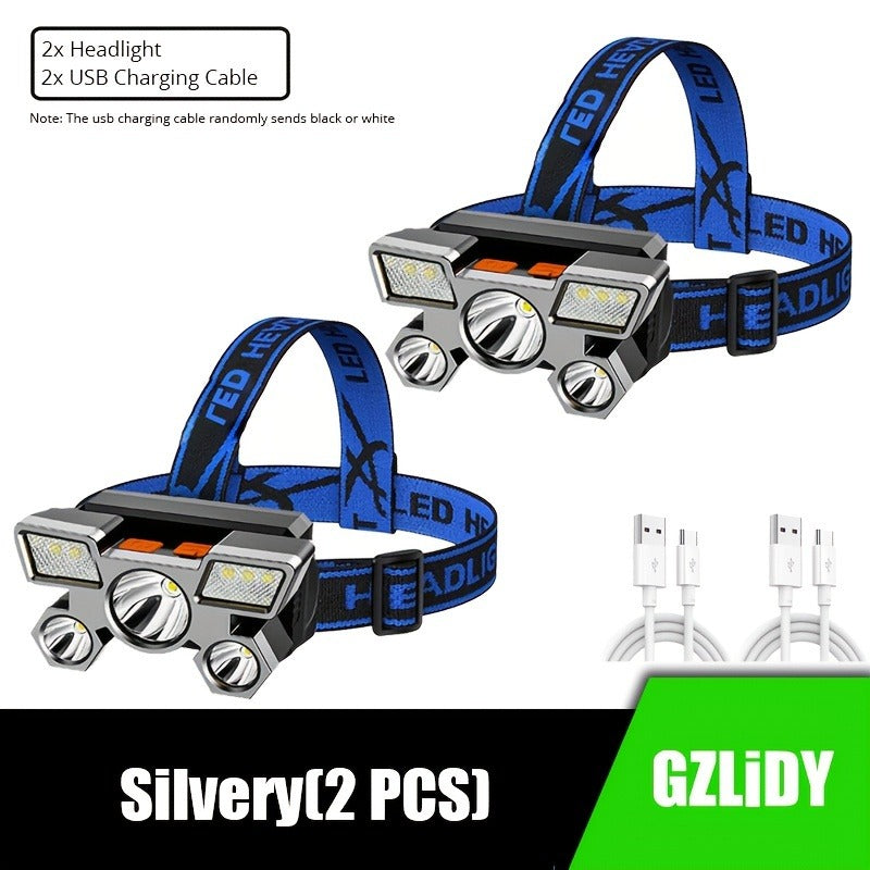 USB Rechargeable Headlamp 2 Pack 5 LED 4 Modes IP44 Waterproof Head Torch for Outdoor Fishing Camping Emergency