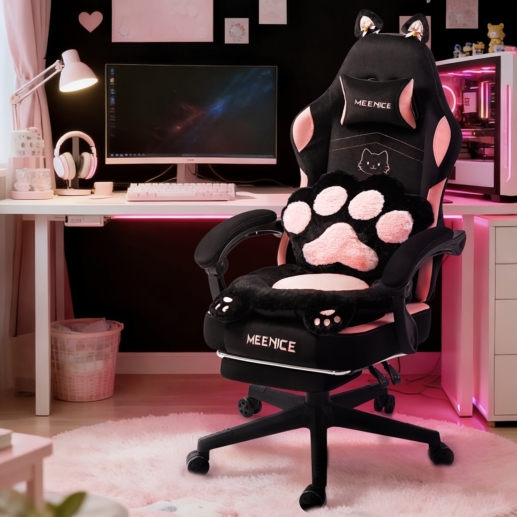 Cat Ear Gaming Chair Ergonomic Reclining Computer Chair with Footrest Paw Lumbar Cushion Wingback PC Game Chair for Girls Adults 300LBS Pink Black Blue