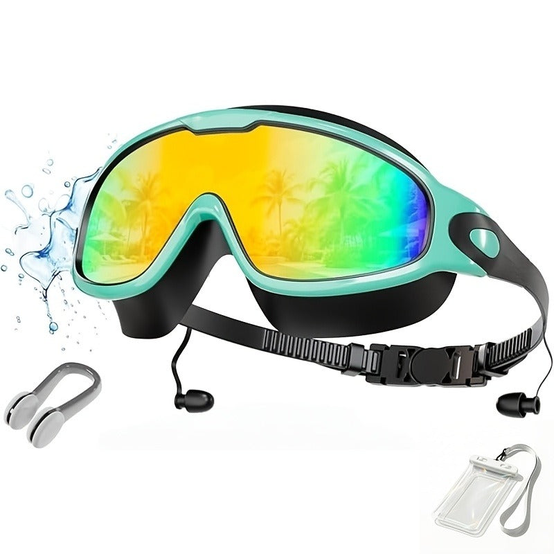 Anti-Fog Swimming Goggles Wide View UV Protection Swim Goggles for Adults Men Women Youth - Mirrored Lens with Earplugs Nose Clip for Triathlon Pool Open Water Training