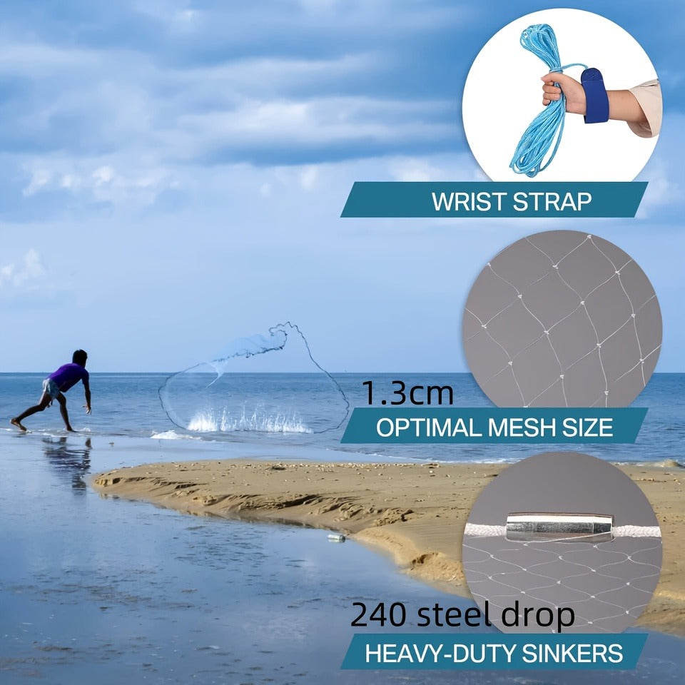 Fishing Cast Net 8FT 10FT with Real Zinc Sinker Weights, Nylon Monofilament Mesh 1.3cm, Heavy Duty Saltwater Bait Trap Net Easy Throw for American Fishing 240/300 Steel Drop
