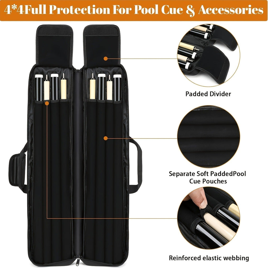 Pool Cue Case 4x4 – Billiard Cue Bag Holds 4 Butts & 4 Shafts, Hidden Backpack Strap, Large Front Accessory Pockets – Durable Pool Stick Carrying Case for Home, Club & Tournament