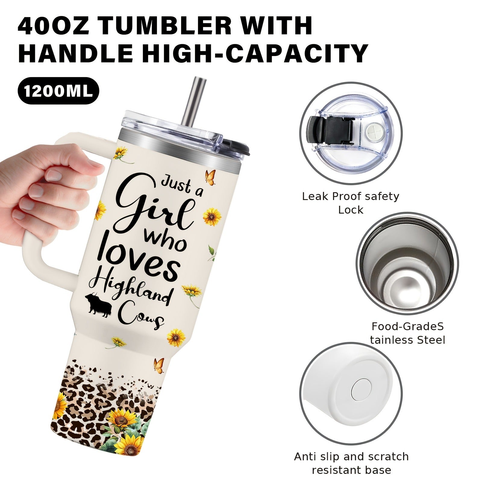 40oz Stainless Steel Tumbler with Handle and Lid - Cow Print Insulated Travel Cup for Hot & Cold Drinks, Double Wall Vacuum Tumbler for Camping, Sports & Outdoor Use, Cute Cow Lover Gift for Birthday & Holiday
