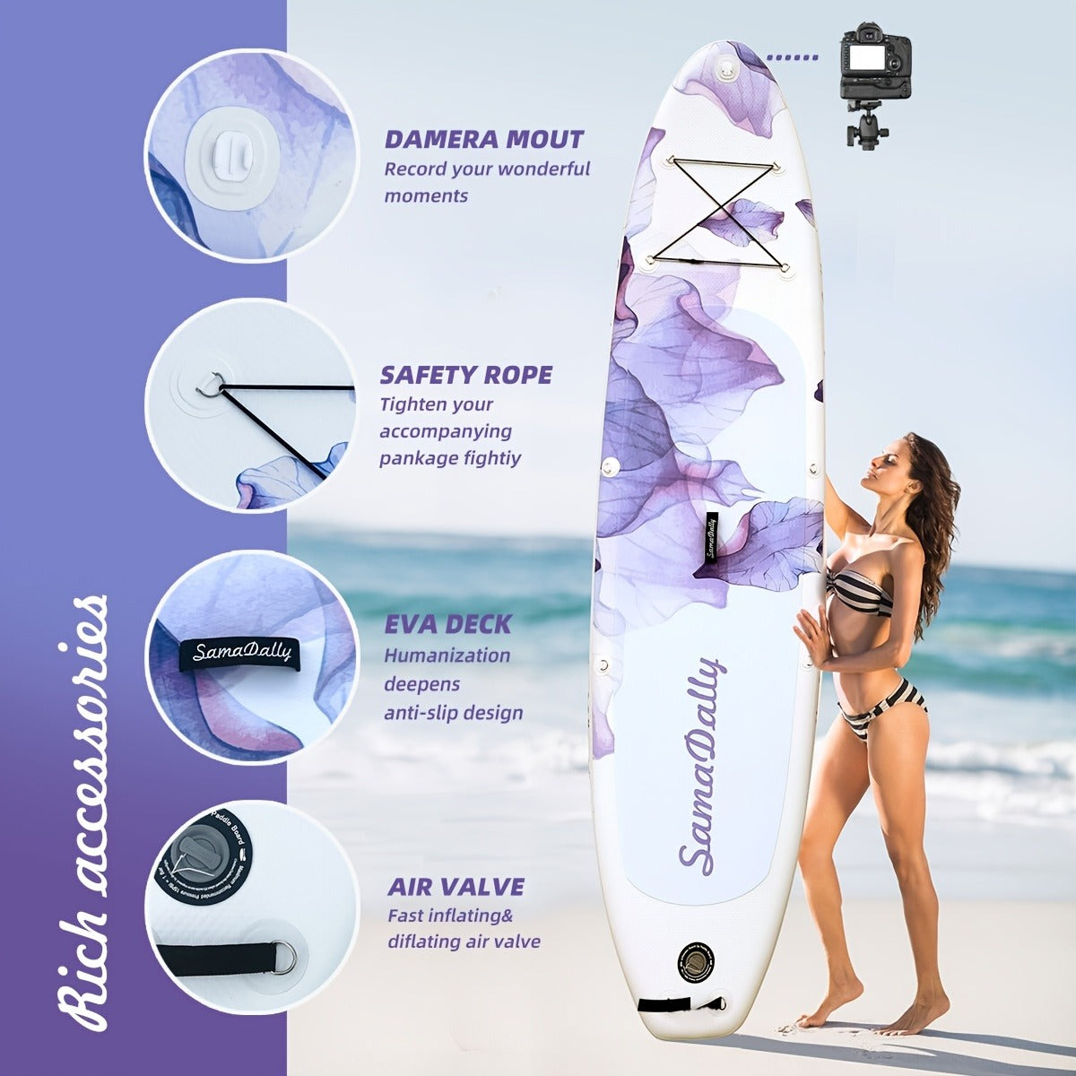 Floral Inflatable SUP Board 10.6ft x 32'' Purple Flower Pattern EVA Non-Slip Deck with Hand Pump Waterproof Bag Removable Fin Leash for All Skill Levels