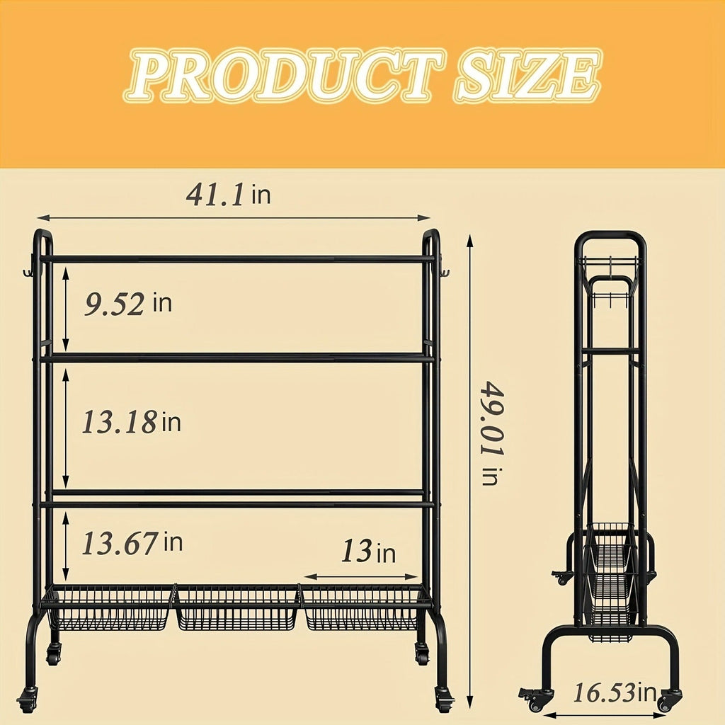 Sports Equipment Storage Rack with Wheels – 4-Tier Ball Rack for Basketball Soccer Volleyball with Hooks & Rolling Casters for Gym Garage