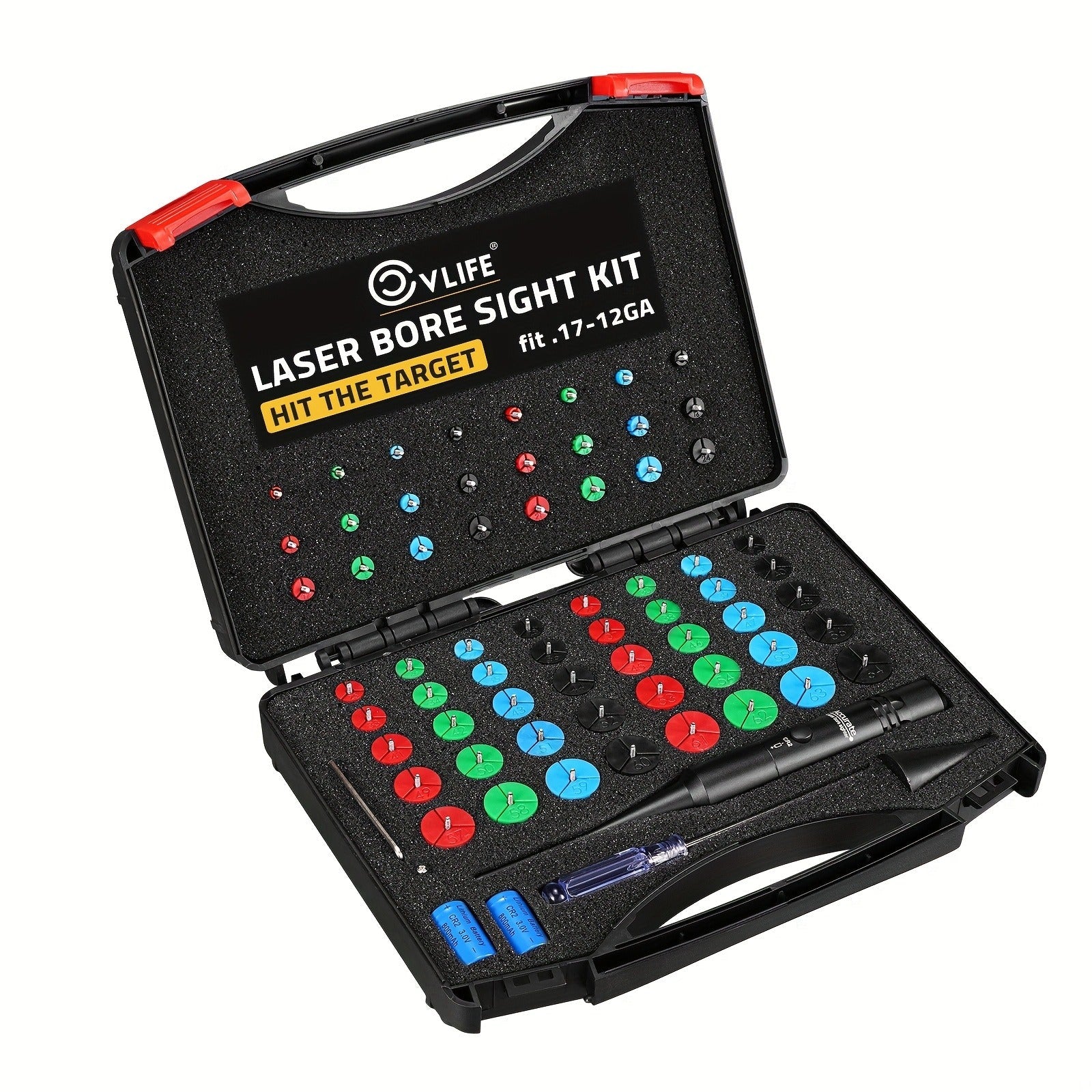 Red Laser Bore Sight Kit with 64 Adapters | Professional Multi-Caliber Boresighter for .17 to 12GA Rifles, Pistols & Handguns – Color-Coded Adapters, 40-Hour Battery & Portable Case Included