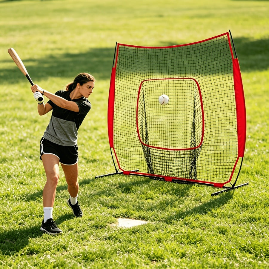 Baseball Softball Training Net 7x7ft with Arch Frame & Carry Bag - Batting & Pitching Practice for All Skill Levels, Black & Red Options