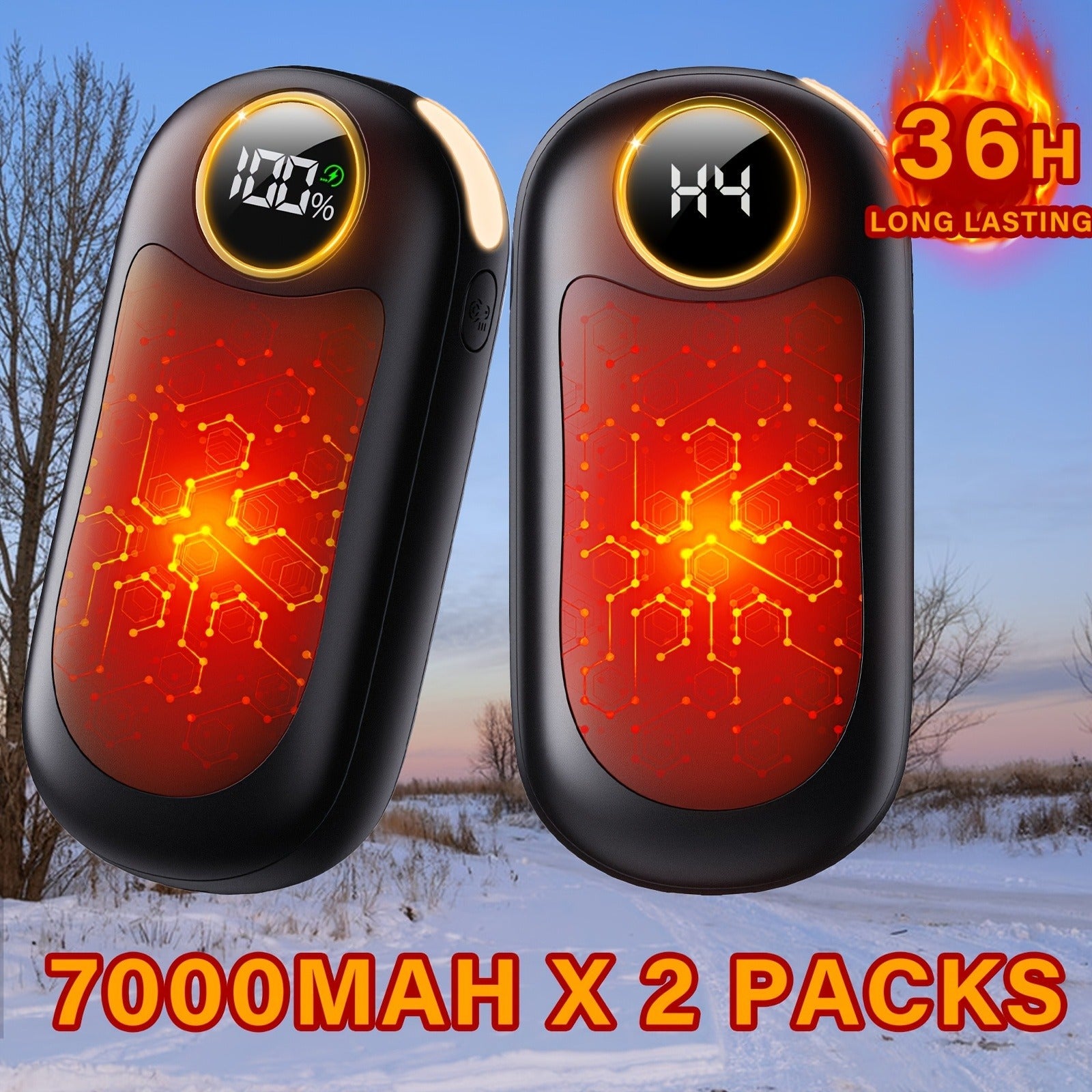 Rechargeable Hand Warmers 2 Pack – Dual-Sided Electric Pocket Heater with Power Bank & LED Light, 36Hrs Warmth, 4 Heat Levels, Portable Reusable Handwarmer Gift for Men & Women, Deep Black / Orange
