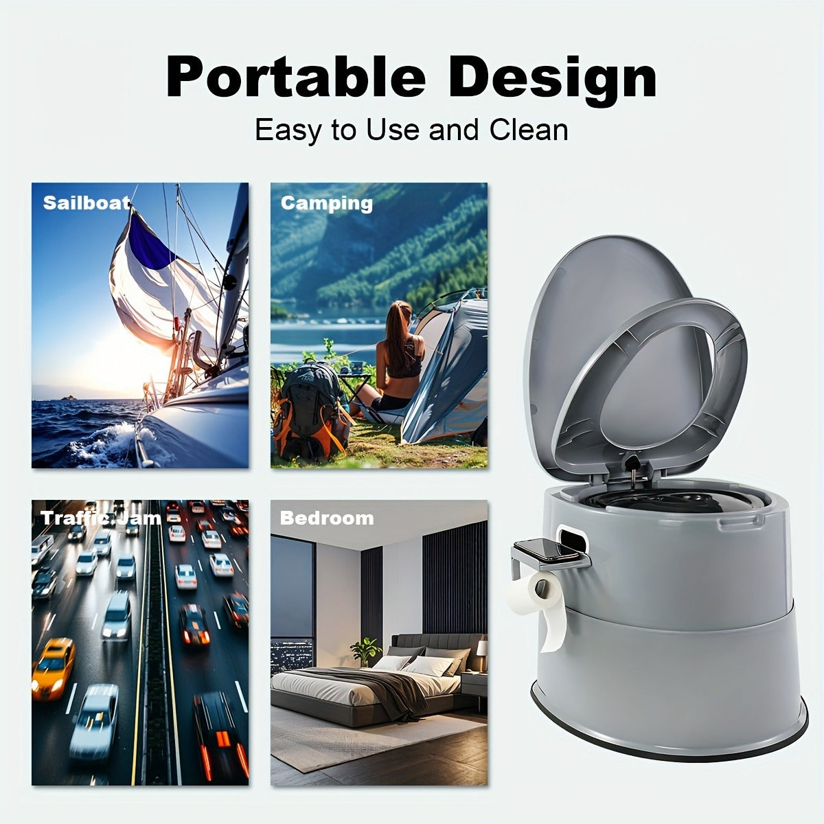 Portable Camping Toilet Extra Large for Adults – Indoor Outdoor Commode with Detachable Inner Bucket & Removable Paper Holder, Lightweight & Compact for Camping, Boat, Van & Emergency Use, Black & Gray