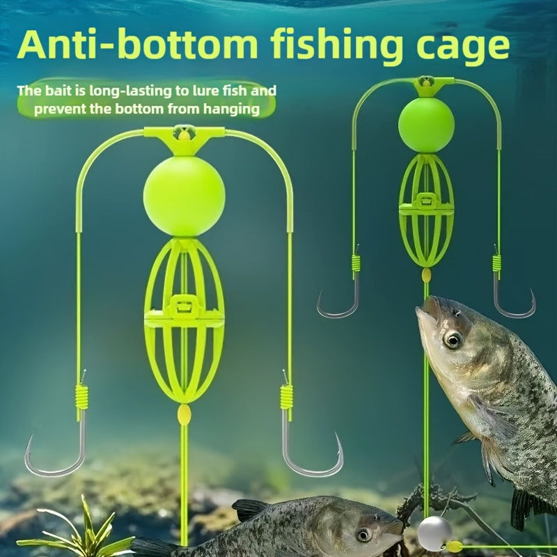 Fishing Hook Cage Set 3pcs Anti-Snag Double Hook Rig with Non-Twist Explosive & Flip Hooks – Carbon Steel Green Lure Fishing Bottom Hanging Prevention, Size 10# & 12#, Great Father's Day Gift