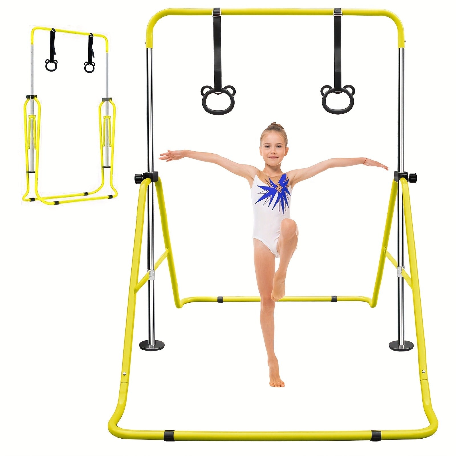 Adjustable Gymnastics Pull-Up Bar for Kids & Teenagers – Height Adjustable Horizontal Bar for Indoor Outdoor Home Use, Strength Training & Fitness Exercise Equipment, Green & Yellow