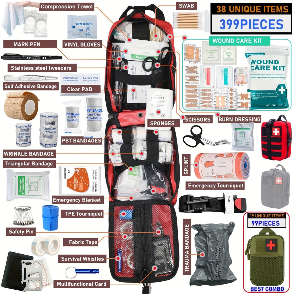 First Aid Kit 399pcs / 99pcs Professional Portable Survival Gear with Splints Scissors Tweezers for Hiking Camping Hunting Car Travel Emergency