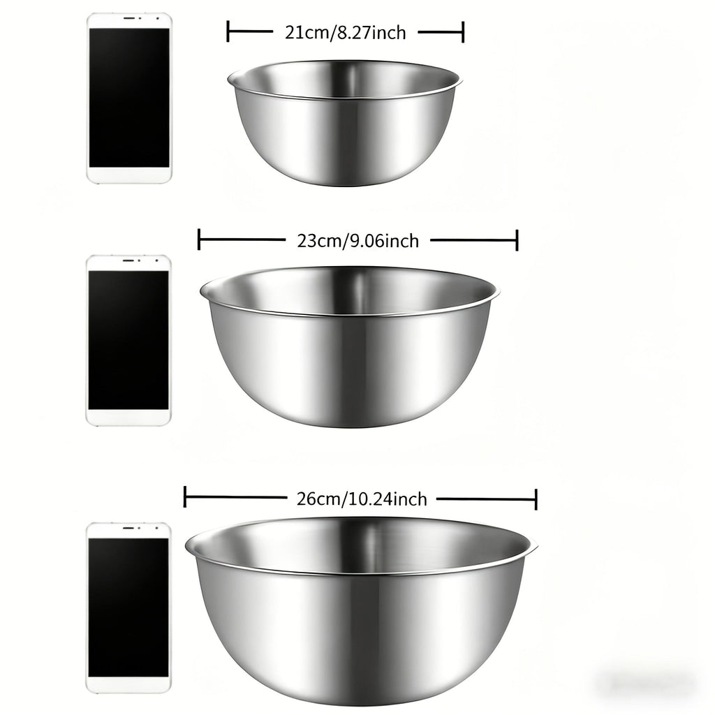 Stainless Steel Mixing Bowls Set of 3 – Nesting Kitchen Bowls for Cooking, Baking, Salad Prep & Food Storage | Dishwasher Safe, Durable Metal Bowls