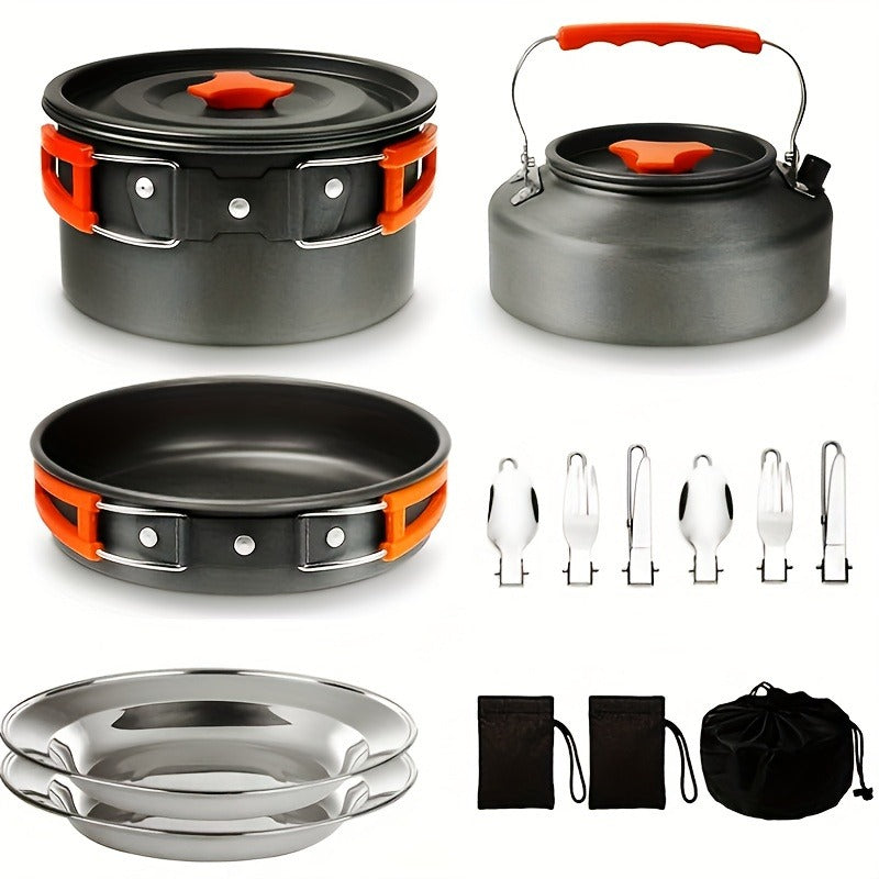 Camping Cookware Set for 2-3 People, Portable Aluminum Outdoor Cooking Kit with Pot, Frying Pan, Kettle & Cutlery, Lightweight Foldable Camp Kitchen Gear for Hiking, Backpacking & Travel