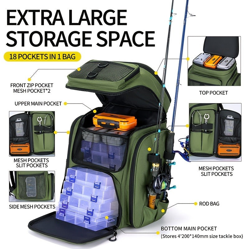 Fishing Backpack with Rod Holder 45L – Large Capacity Outdoor Tackle Bag, Waterproof Travel Shoulder Pack for Fishing Camping Hiking, Multi-Pocket Lure Storage Rucksack with Zipper Closure