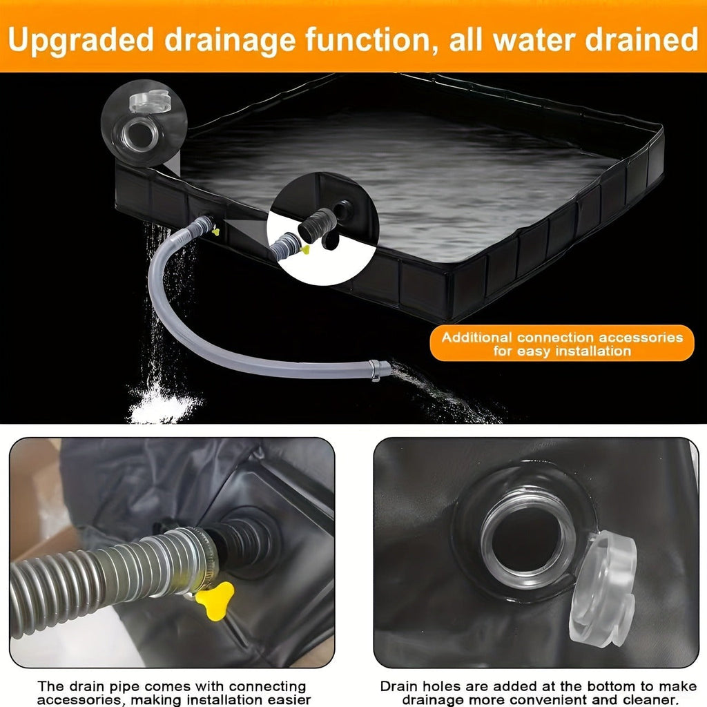 Foldable Shower Base 41"x41" Portable Shower Pan with Drain Pipe – Collapsible Shower Basin for Camping Tent, Indoor & Outdoor Use, Black – Includes Back Scrubber