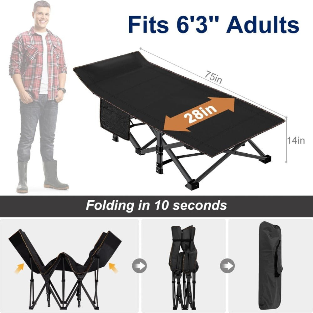 Folding Camping Cot Bed for Adults – Heavy Duty Double Layer Oxford Portable Camp Cot with Soft Pad & Carry Bag for Camping, Beach, Travel & Napping, 450/550/650 LBS Capacity Options