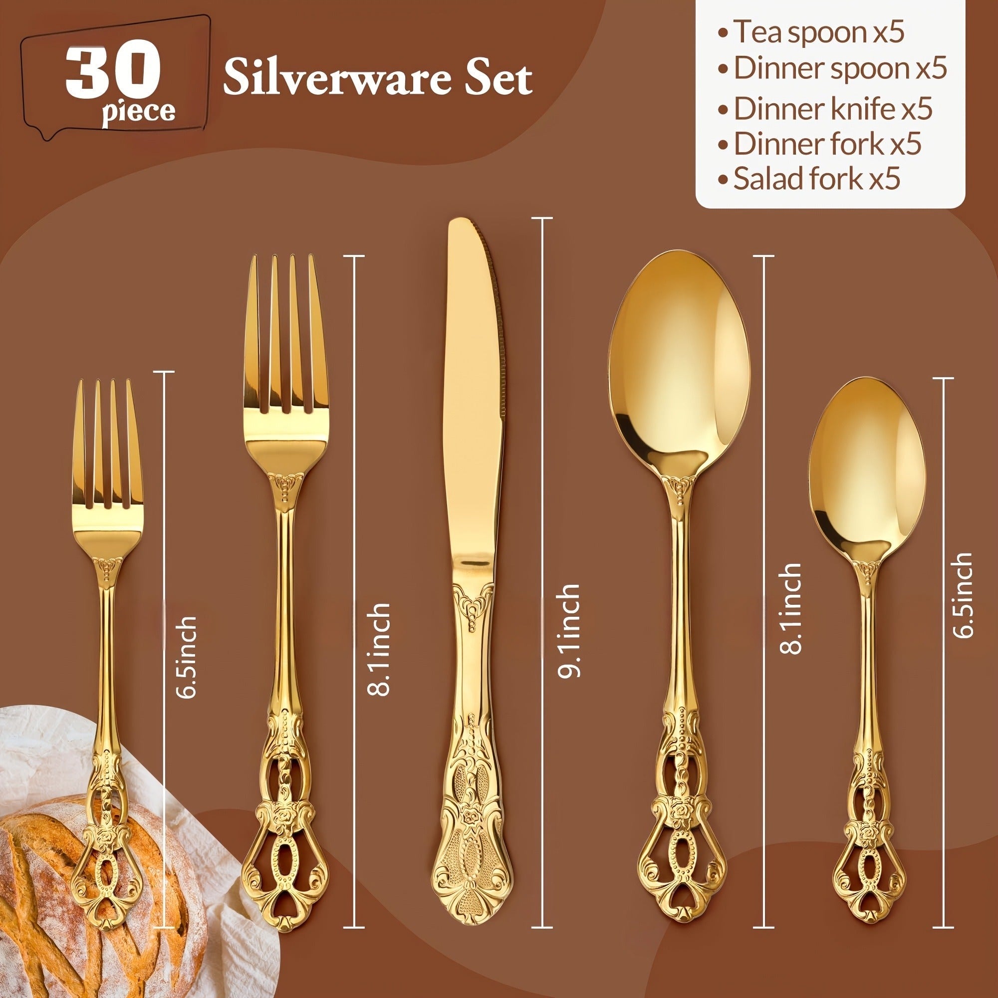 Stainless Steel Flatware Set – Vintage Royal Golden & Silver Silverware Set for 6, Rust-Resistant Dishwasher Safe Cutlery with Forks, Spoons & Knives – Available in 30 / 48 / 60 / 84 Piece Sets