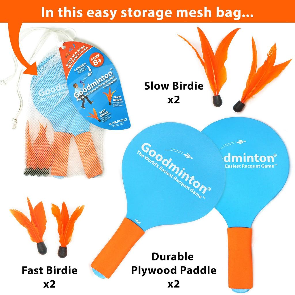 Goodminton Racquet Game Set | World's Easiest Indoor Outdoor Paddle Game for Kids, Adults & All Ages – 2 Racquets, 4 Birdies & Portable Mesh Bag – Fun for Parties, Tailgating & Family Play