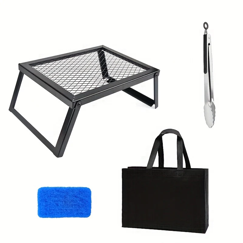 Portable Camping Bonfire Grill with Storage Bag – Heavy Duty Iron Barbecue Rack for Outdoor Picnic, RV Party & Firewood Heating, Includes Food Clips and Cleaning Cloths, Great Men's Gift