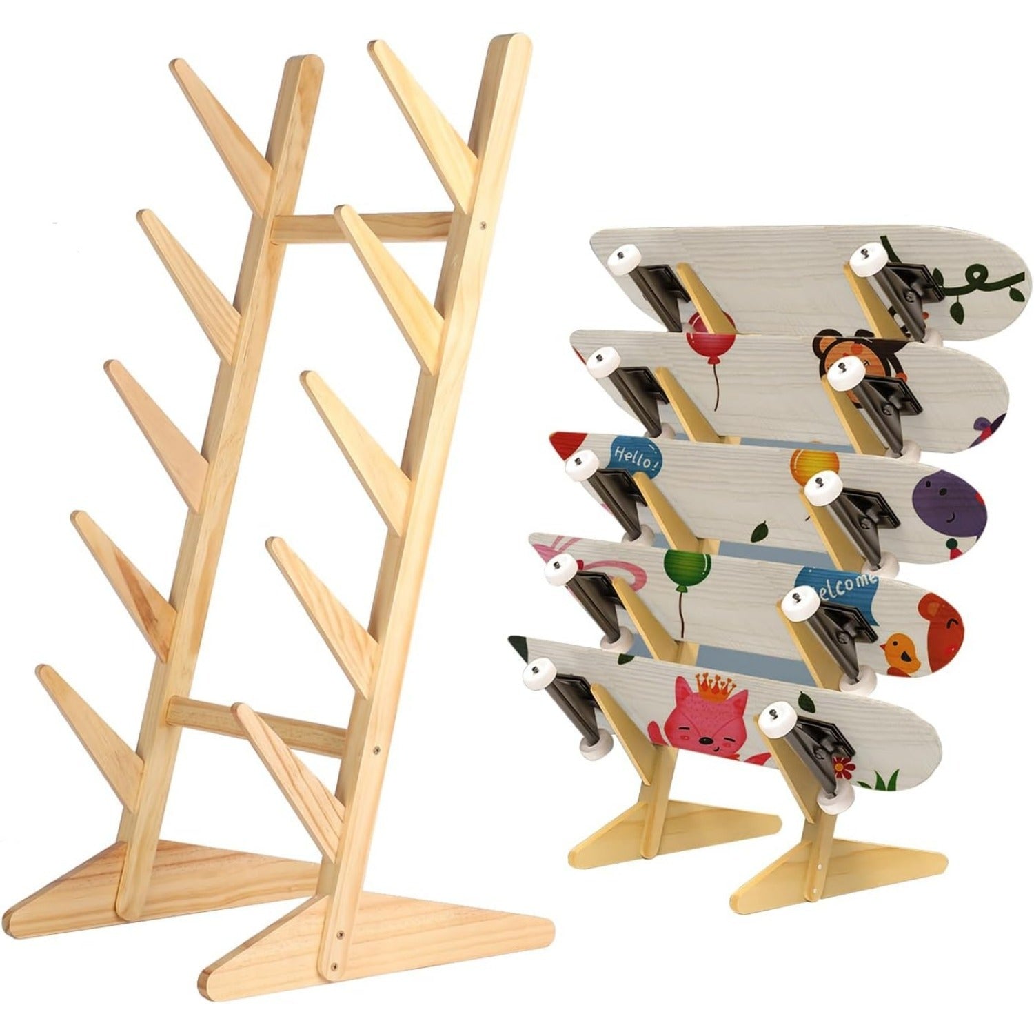 Skateboard Storage Rack 5-Layer Freestanding Wood Display Stand – Holds Longboards, Snowboards & Decks, 75° Angled Shelf with Non-Slip Base, DIY Paintable Pine Wood, Bedroom & Garage Organizer