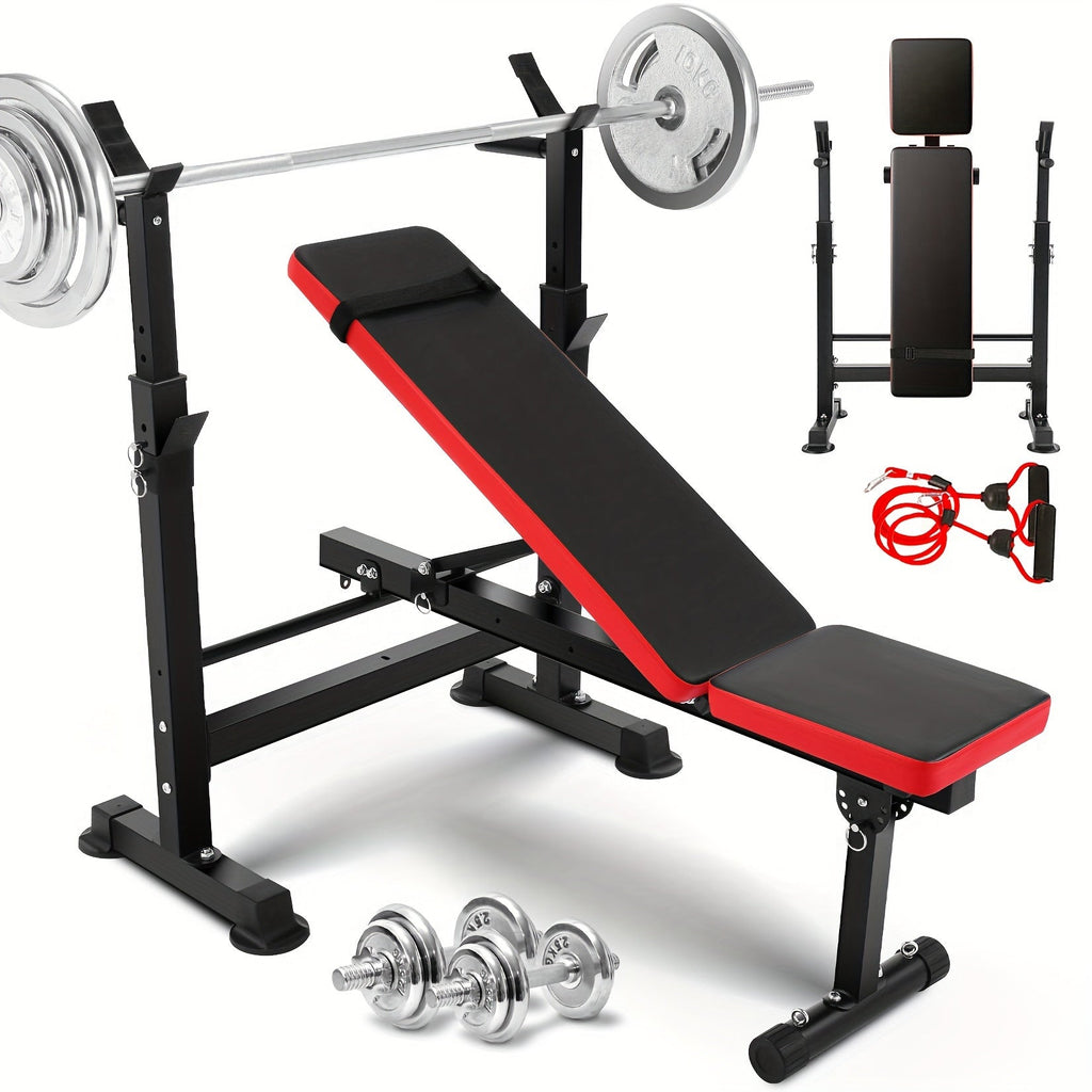 Adjustable Weight Bench Set with Squat Rack, Foldable Workout Bench Press with Leg Developer & Preacher Curl Pad, Multi-Function Home Gym Full Body Strength Training Equipment