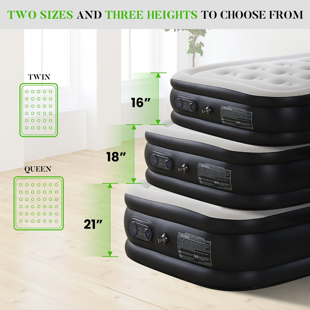 Inflatable Air Mattress with Built-In Pump 16"/18"/21" Thick – 660 LBS Capacity Double Height Blow-Up Airbed with Non-Slip Bottom, Twin & Queen Sizes for Camping, Home & Guest Use