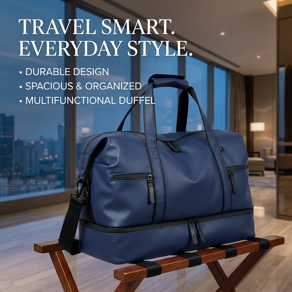Gym Duffel Bag PU Foldable Sports Duffle with Shoe Compartment & Wet Pocket – Lightweight Weekender Travel Bag for Workout, Daily Use, Carry-On & Overnight Trips, Available in Black, Blue & Gray