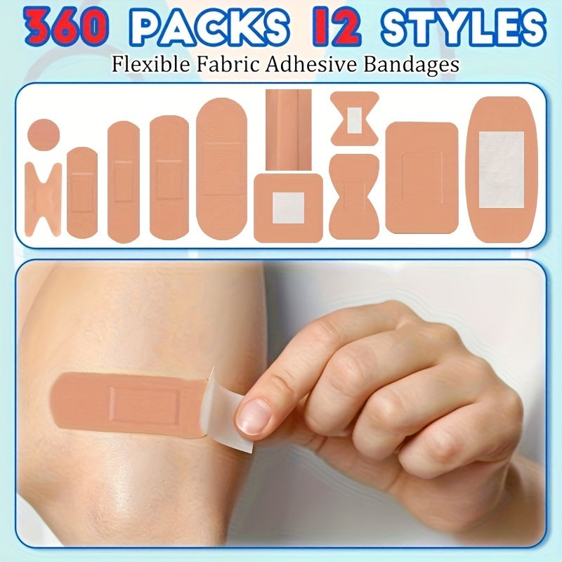 Assorted Adhesive Bandages 180/360pcs, Flexible Fabric Fingertip & Knuckle Bandages, Breathable Cloth Elastic Wound Care Strips, Various Sizes Spot Bandages for First Aid Home Outdoor