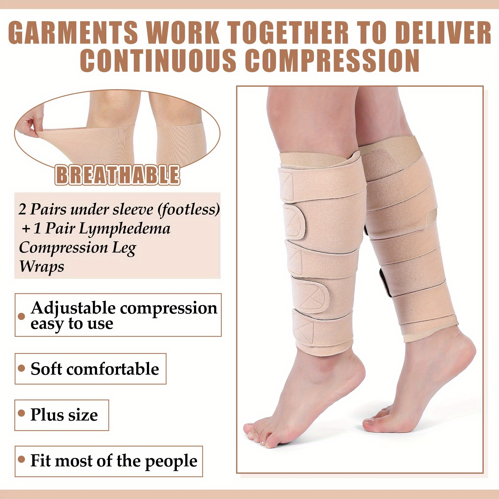 Compression Leg Wraps 3 Pairs - Adjustable Lower Leg Wrap for Lymphedema, Shin Splints & Calf Support, Breathable Non-Slip Compression Bandage for Men Women, Swelling Relief Leg Sleeve Wrap Set
