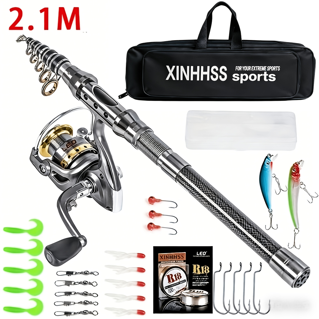 Telescopic Fishing Rod & Reel Combo – Carbon Fiber Collapsible Fishing Pole Full Kit with Carrier Bag for Travel Saltwater Freshwater Fishing, 6.89ft & 7.87ft, Silver & Gold