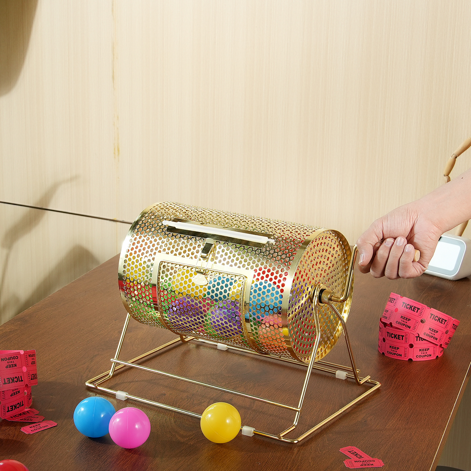 Raffle Drum Spinning Cage 12 Inch – Brass Plated Metal Lottery Ticket Drum with Wooden Handle, Holds 2500 Tickets or 100 Ping Pong Balls, for Bingo Ballot Party Events Fundraisers Trade Shows