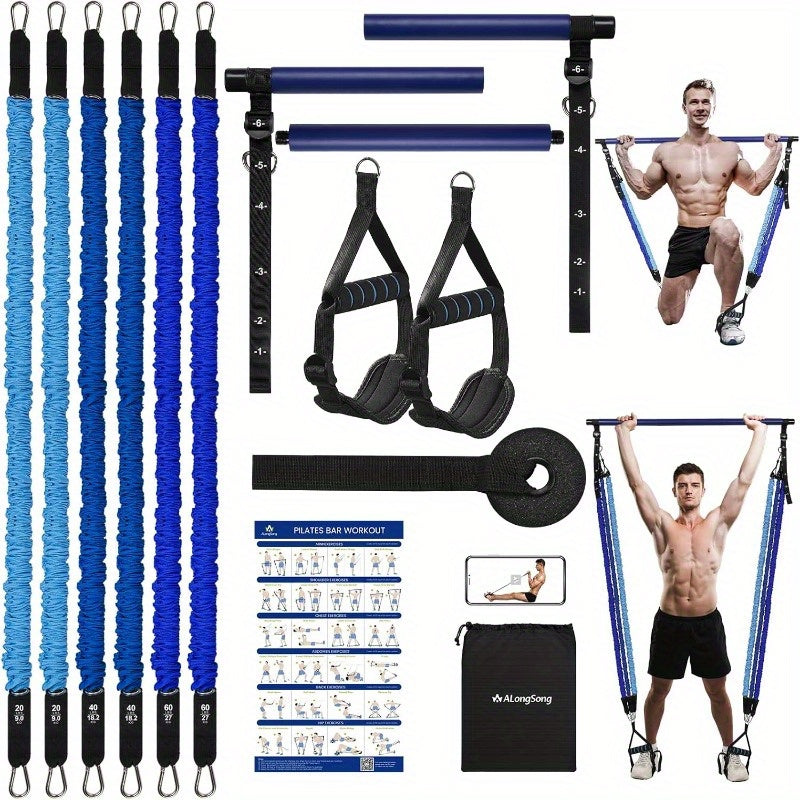 Natural Latex Pilates Bar Kit with Resistance Bands 20-360 lbs – Stainless Steel Handle, Adjustable Length for 5'3"-6'2", Full Body Home Gym Workout for Women & Men