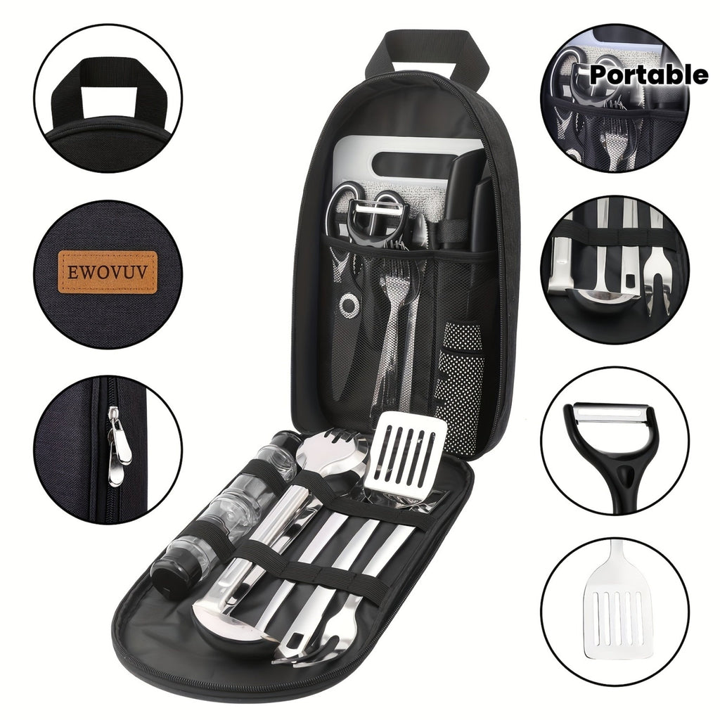 Camping Cookware Set Portable Stainless Steel Camp Kitchen Kit with Waterproof Case – Compact Travel Cookware for Hiking, Backpacking, BBQ & Outdoor Cooking with Grill Accessories