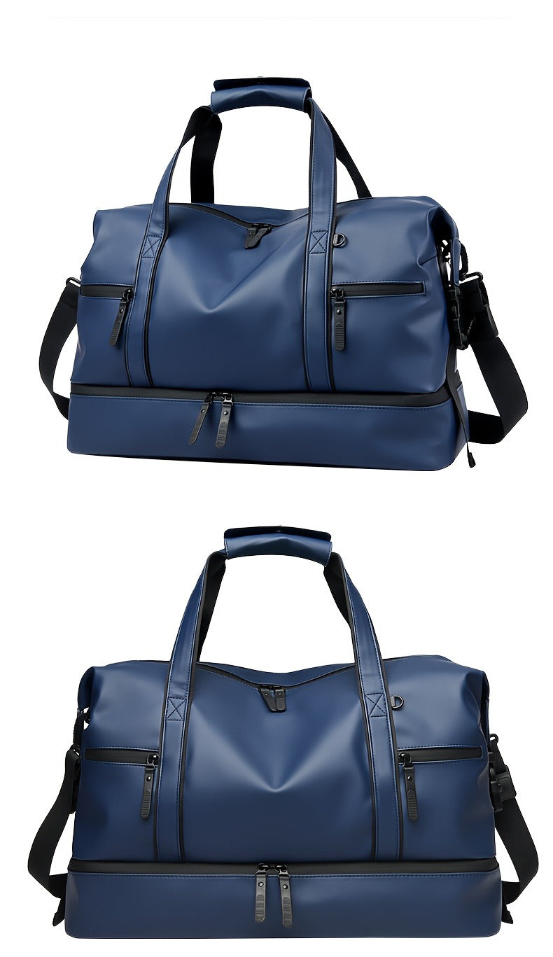 Gym Duffel Bag with Wet Pocket & Shoe Compartment - Foldable PU Leather Sports Travel Bag for Workouts, Weekend Trips & Everyday Use, Lightweight Carry-On Luggage Bag for Men Women (Black/Blue/Grey)